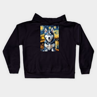 Siberian Husky Painting Dog Breed in a Van Gogh Starry Night Art Style Kids Hoodie